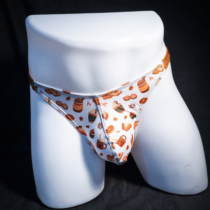 Men's autumn themed thong underwear, classic cut, front view.