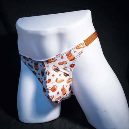 Men's autumn themed thong underwear, classic cut, front view.
