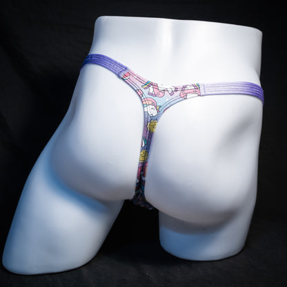 Men's unicorn print thong underwear, classic cut, rear view.