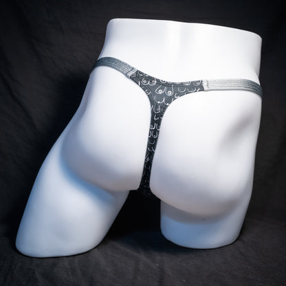 Men's boob patterned thong underwear, classic cut, rear view.