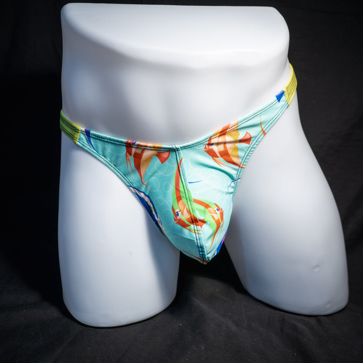 Men's fish themed thong underwear, classic cut, front view.