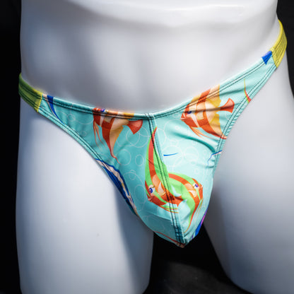 Men's fish themed thong underwear, classic cut, front view.