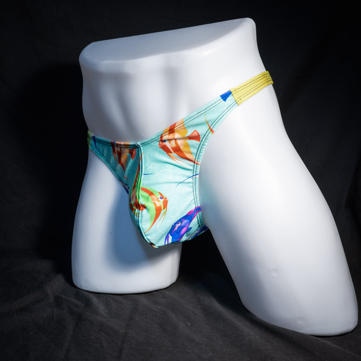 Men's fish themed thong underwear, classic cut, front view.