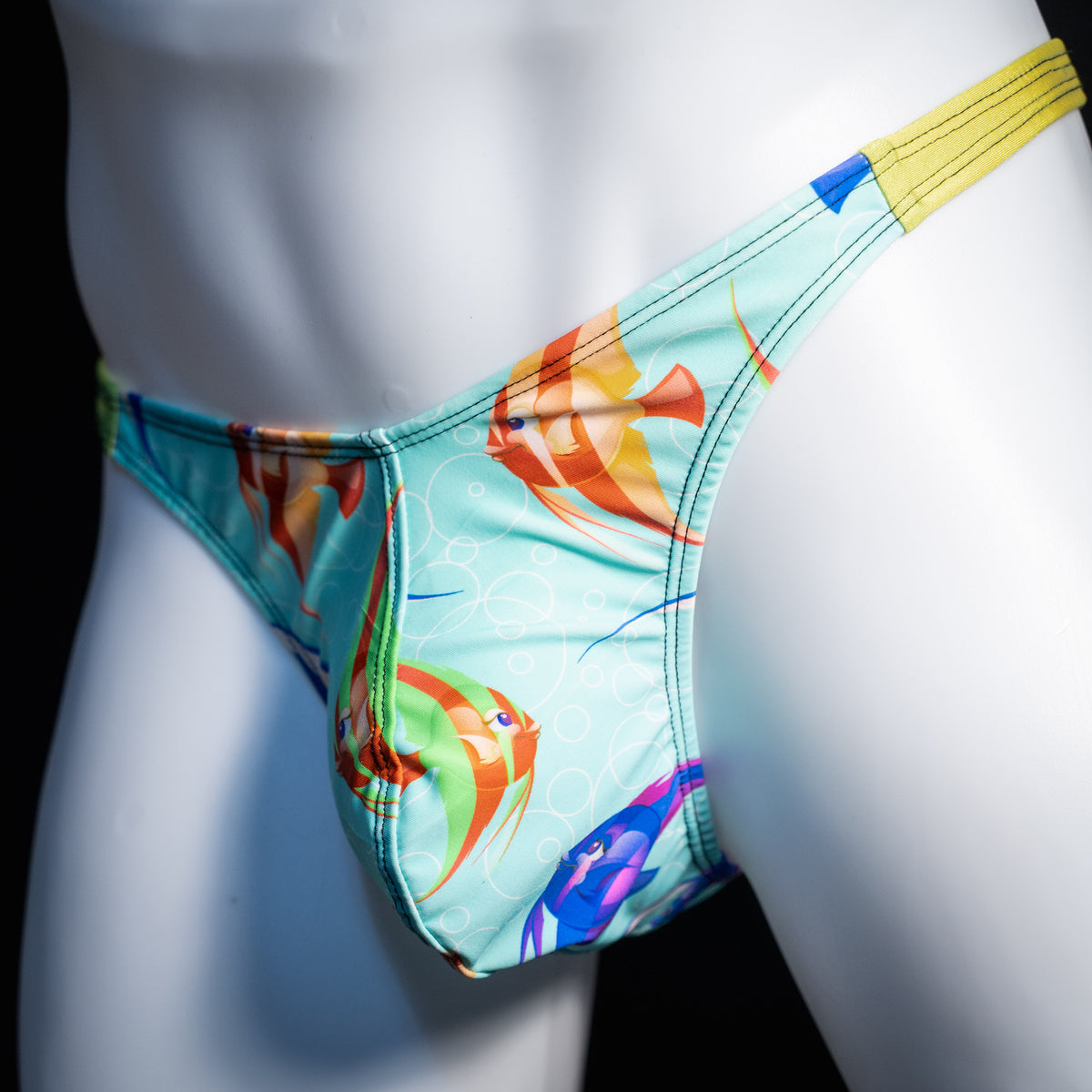 Men's fish themed thong underwear, classic cut, front view.