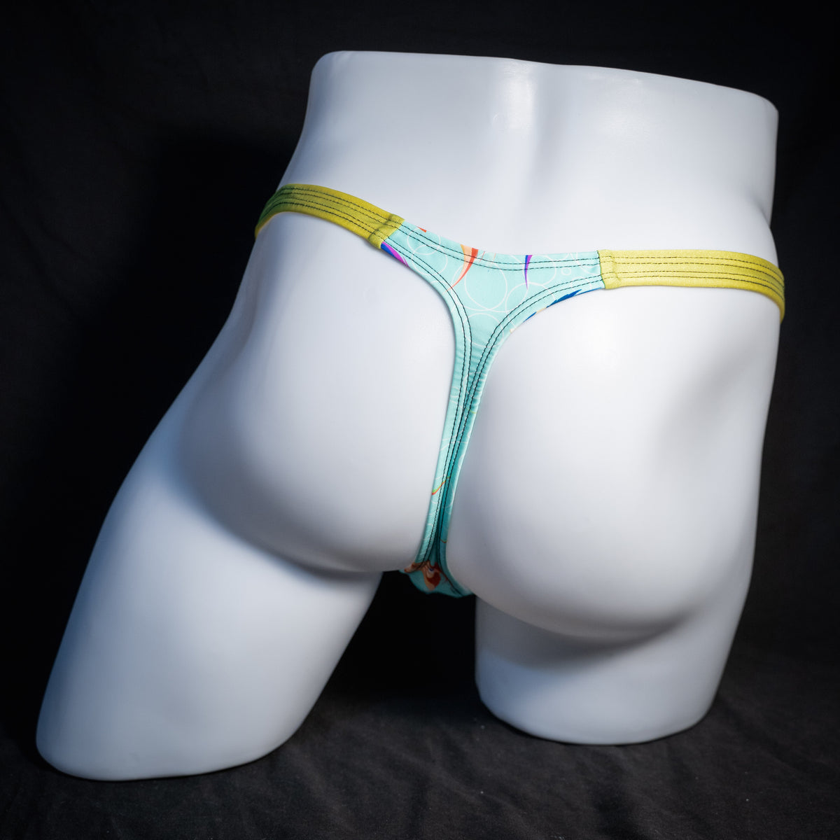 Men's fish themed thong underwear, classic cut, rear view.