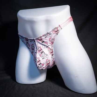 Men's pink Santa's and snowmen, Christmas themed thong underwear, classic cut, front view.