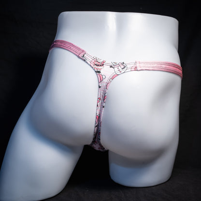 Men's pink Santa's and snowmen, Christmas themed thong underwear, classic cut, rear view.