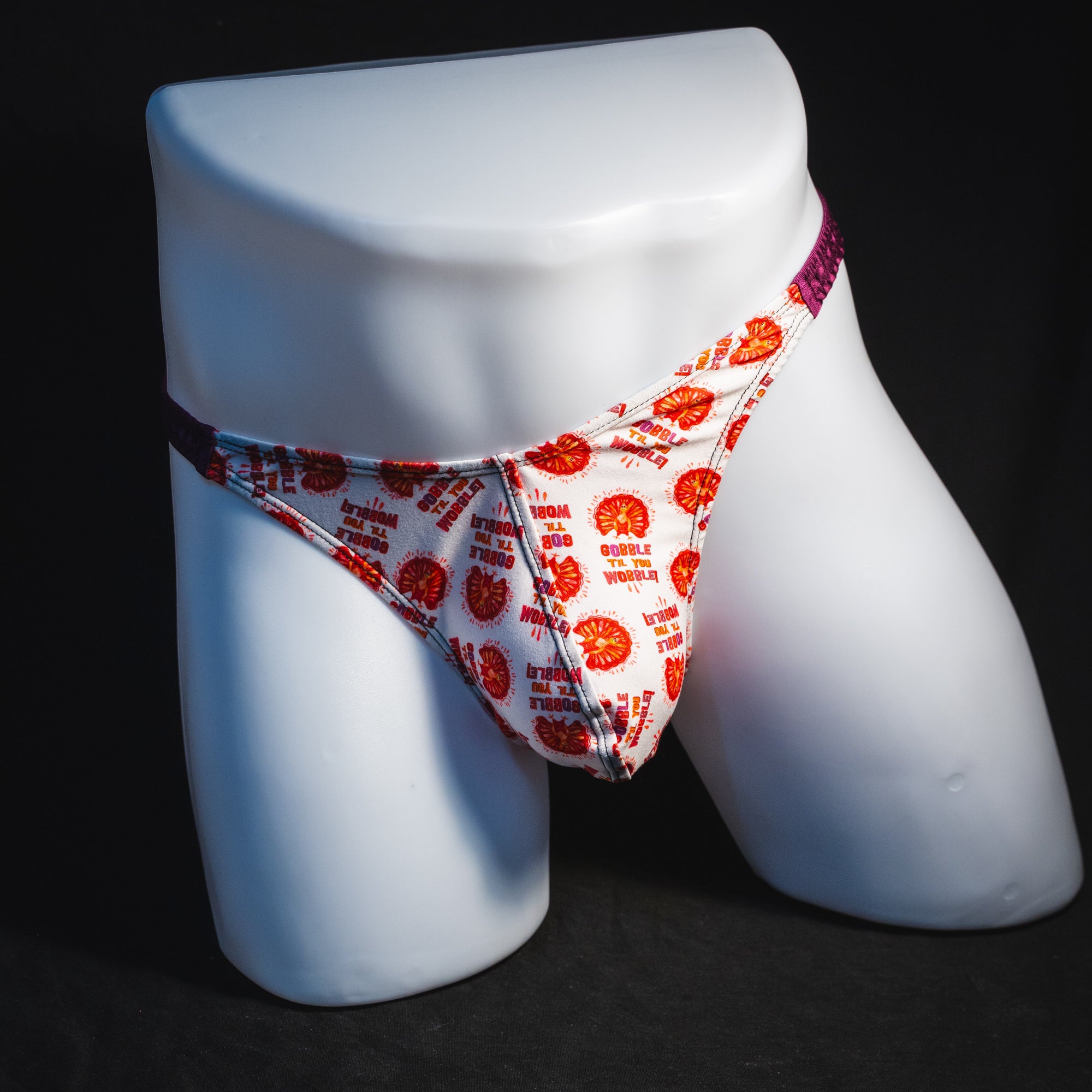 Men's Thanksgiving thong underwear, classic cut, full front view.
