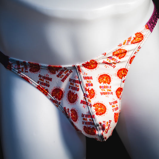 Men's Thanksgiving thong underwear, classic cut, front view.