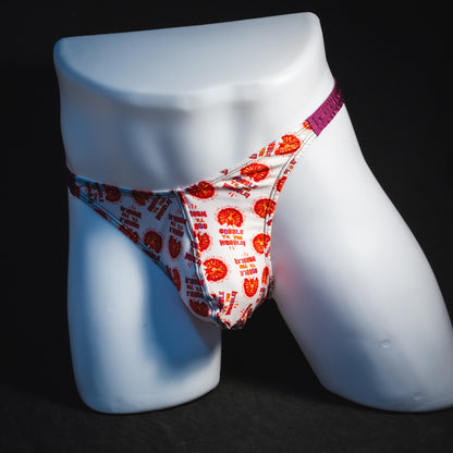 Men's Thanksgiving thong underwear, classic cut, angled full front view.