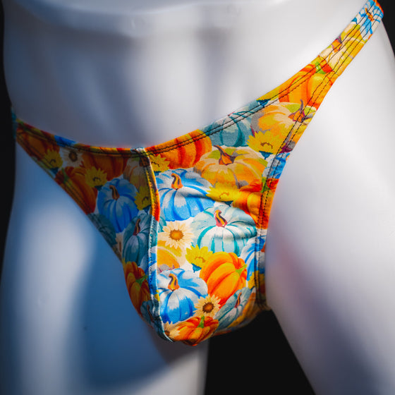 Men's autumn harvest thong underwear, classic cut, angled front view.
