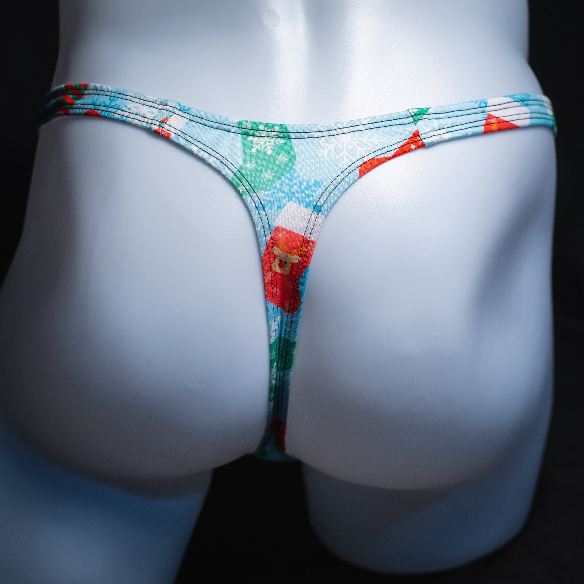 Men's Christmas stocking thong underwear, Classic cut rear view.