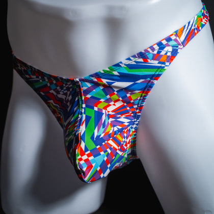 Men's bold colorful thong underwear, classic cut, angled front view.