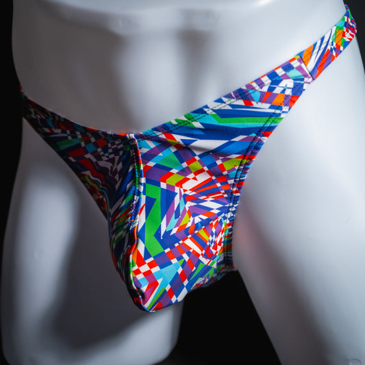 Men's bold colorful thong underwear, classic cut, angled front view.