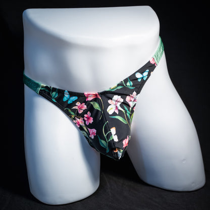 Men's floral thong underwear. classic cut, front view.