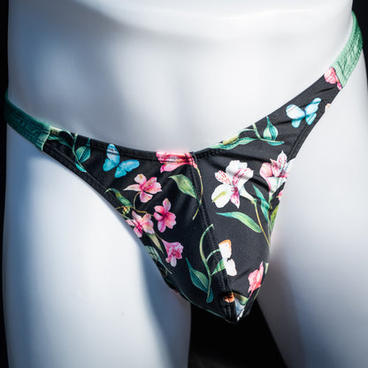 Men's floral thong underwear. classic cut, front view.