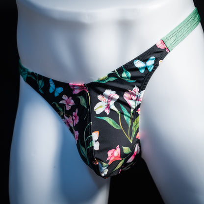 Men's floral thong underwear. classic cut, front view.