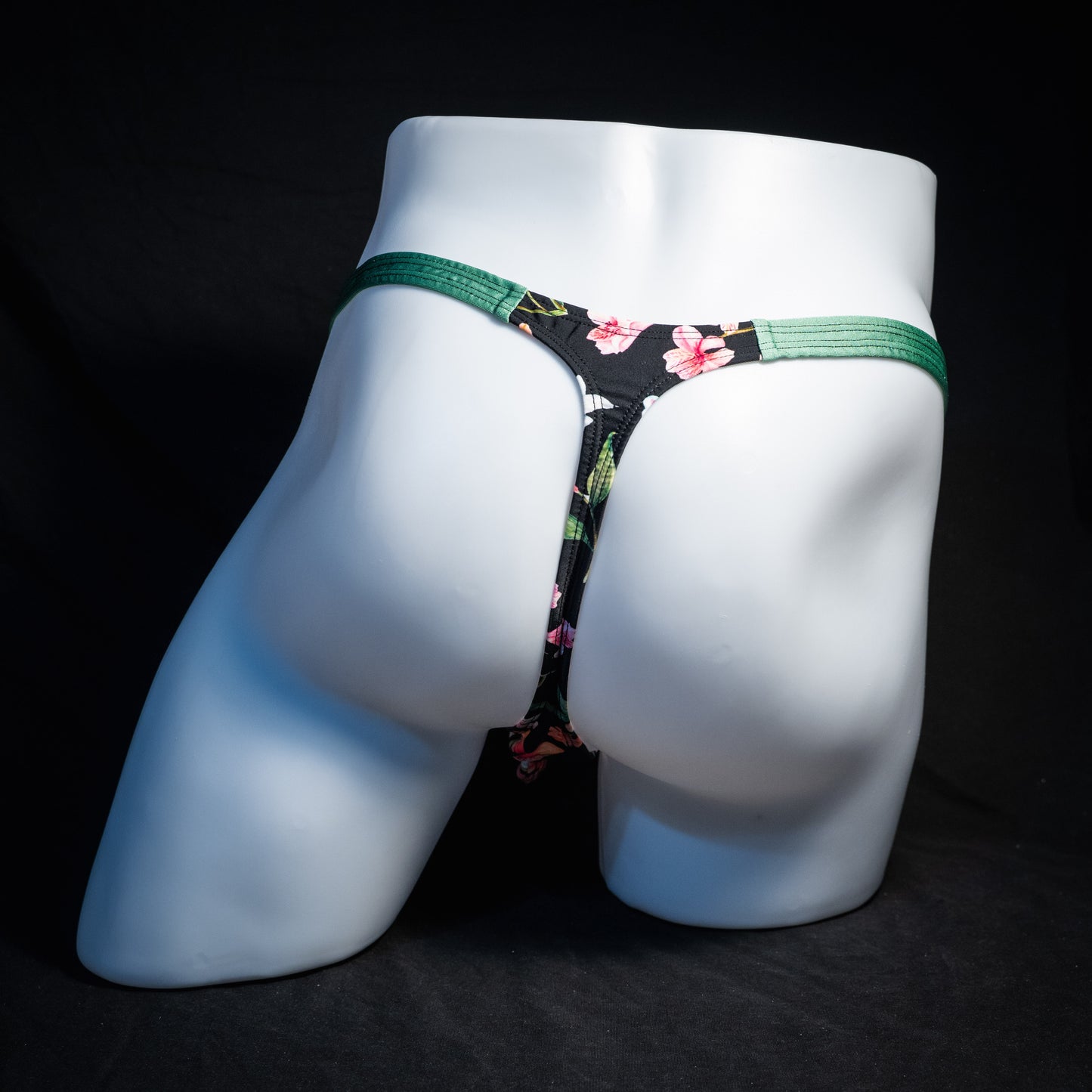 Men's floral thong underwear. classic cut, rear view.