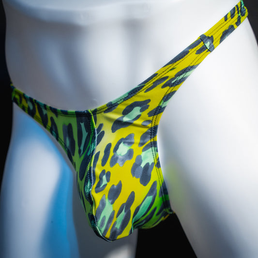 Men's green leopard print thong underwear, slim cut, angled front view.