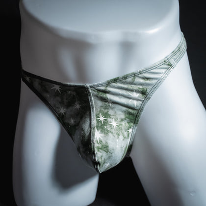 Men's gray sky with stars thong underwear, classic cut, front view.
