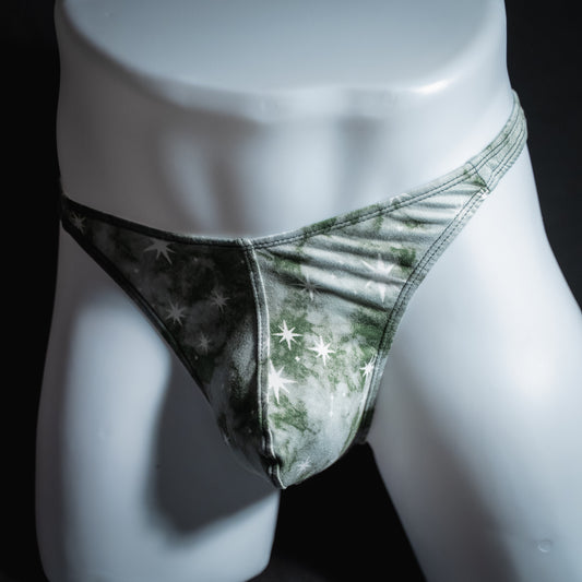 Men's gray sky with stars thong underwear, classic cut, front view.