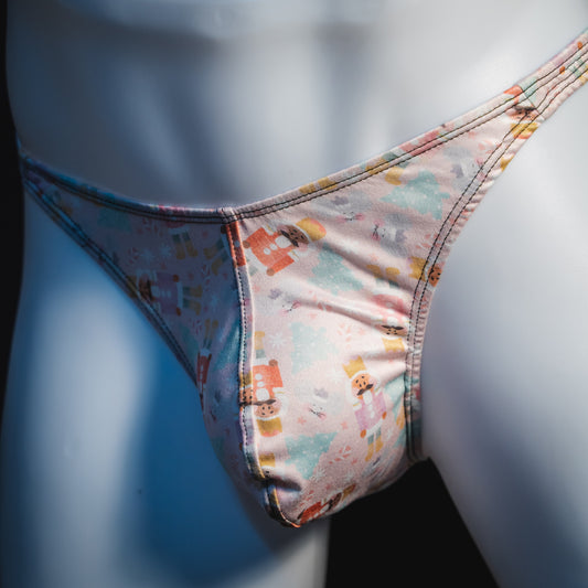 Men's nutcracker thong underwear, classic cut, angled front view.
