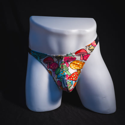 Men's colorful mushroom thong underwear, classic cut, full front view.