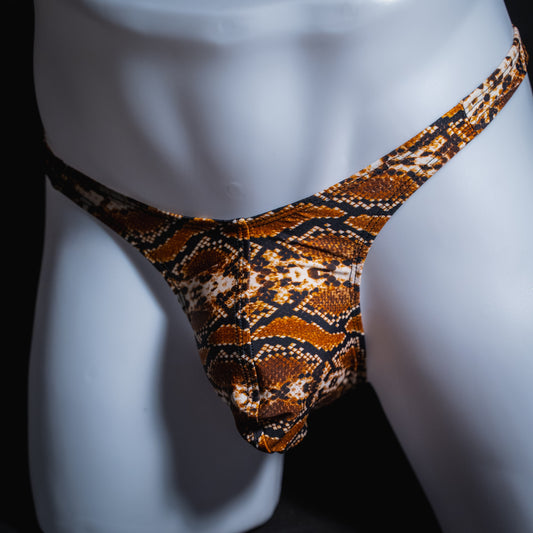 Men's rattlesnake thong underwear, slim cut, angled front view.