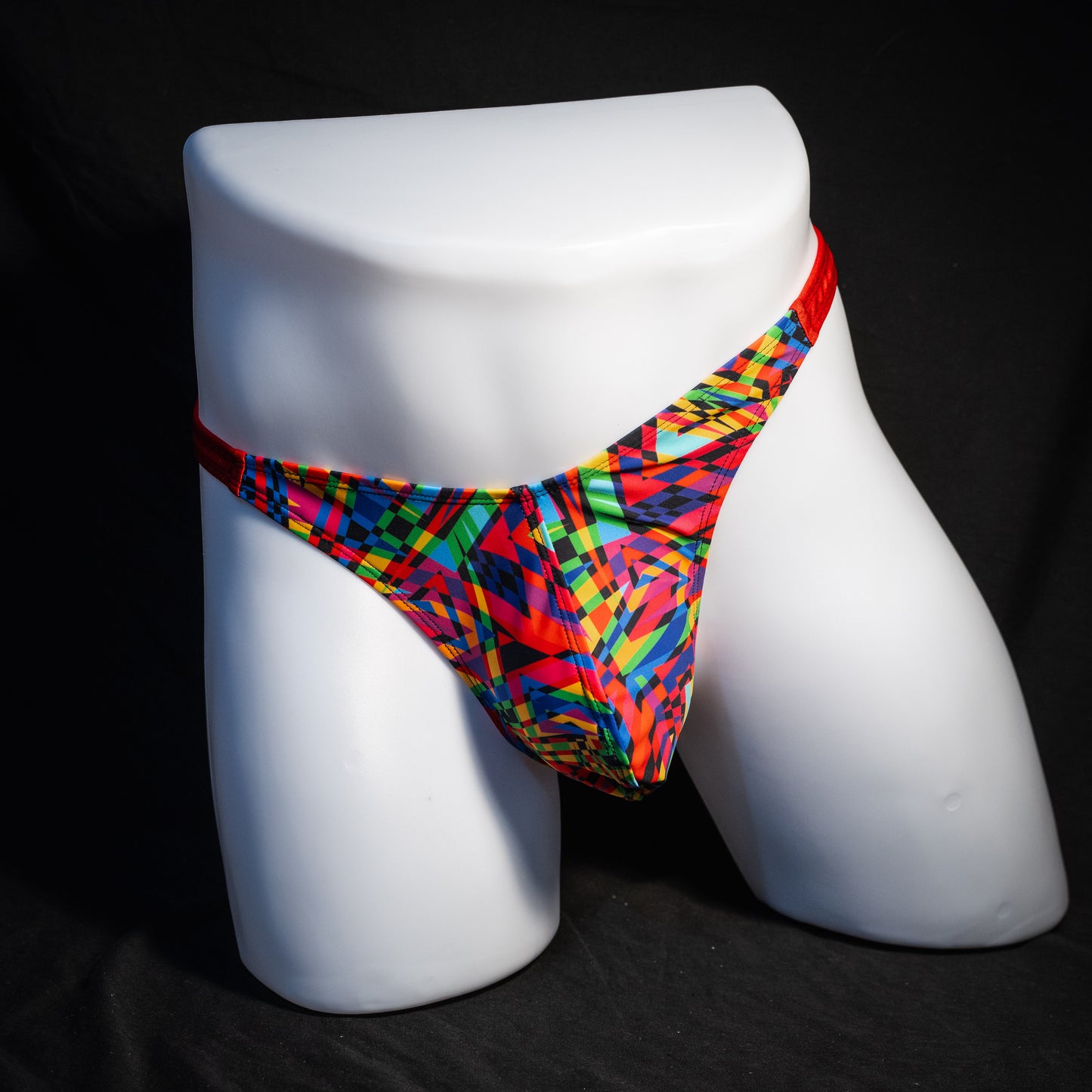 Men's 90's themed thong underwear, classic cut, front view.