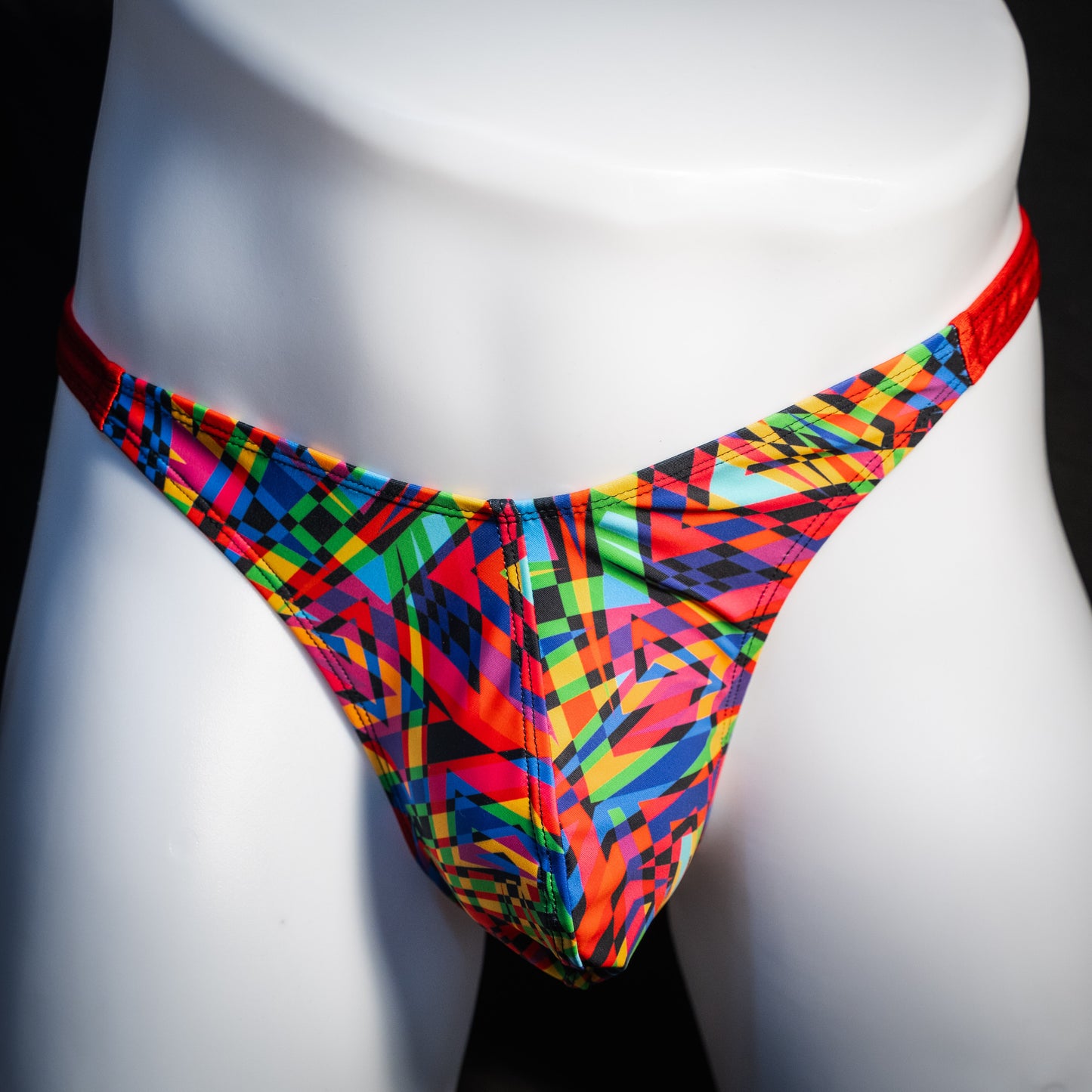 Men's 90's themed thong underwear, classic cut, front view.