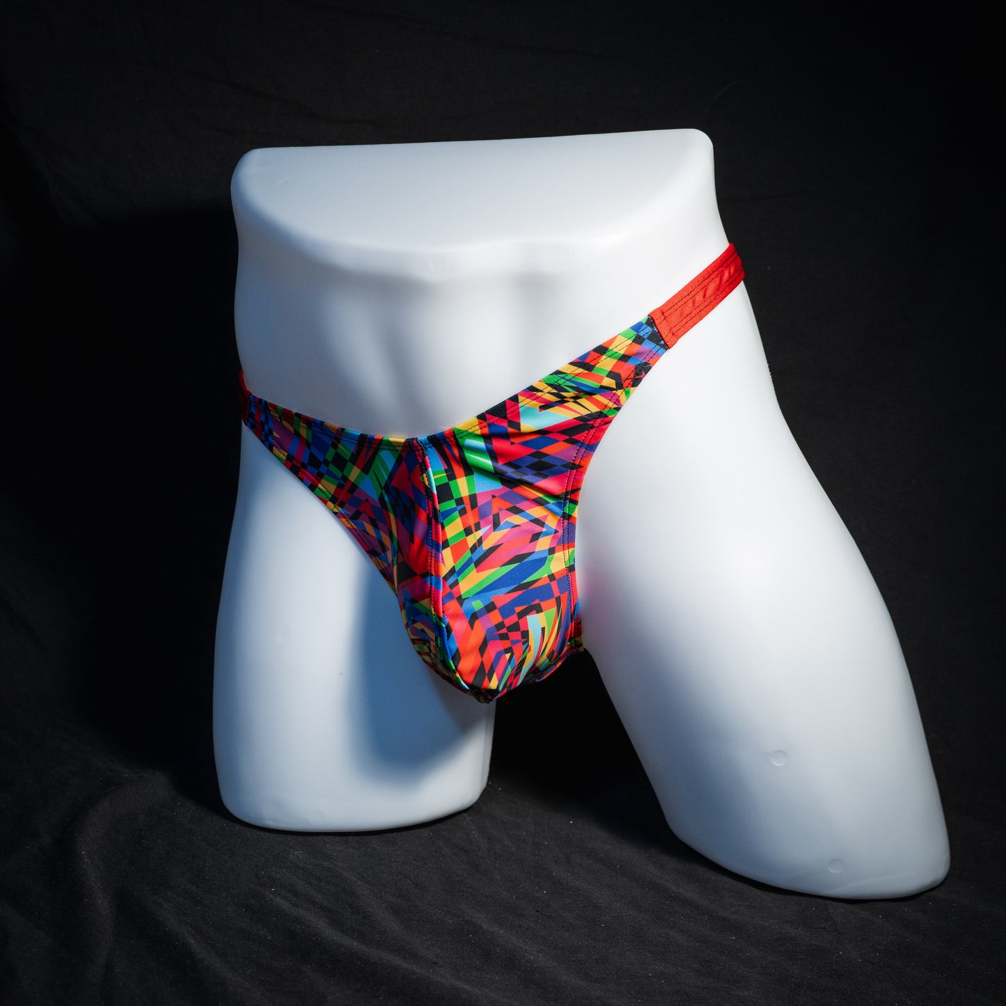 Men's 90's themed thong underwear, classic cut, front view.