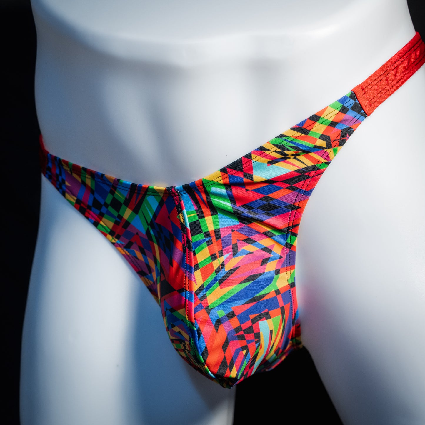 Men's 90's themed thong underwear, classic cut, front view.