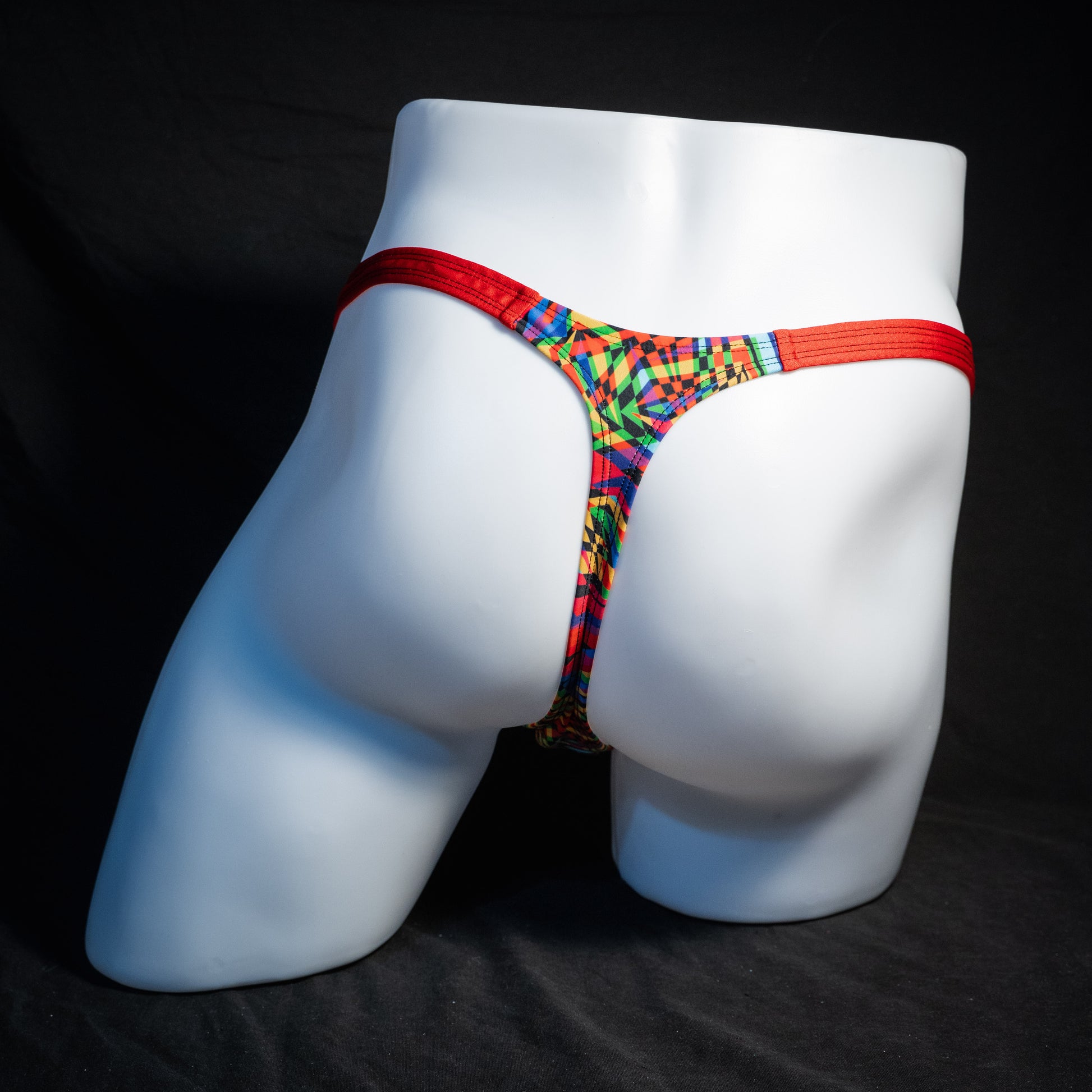Men's 90's themed thong underwear, classic cut, rear view.