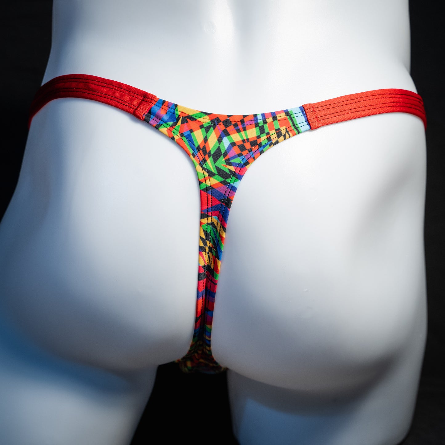 Men's 90's themed thong underwear, classic cut, rear view.