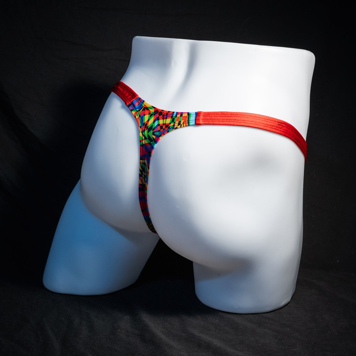 Men's 90's themed thong underwear, classic cut, rear view.