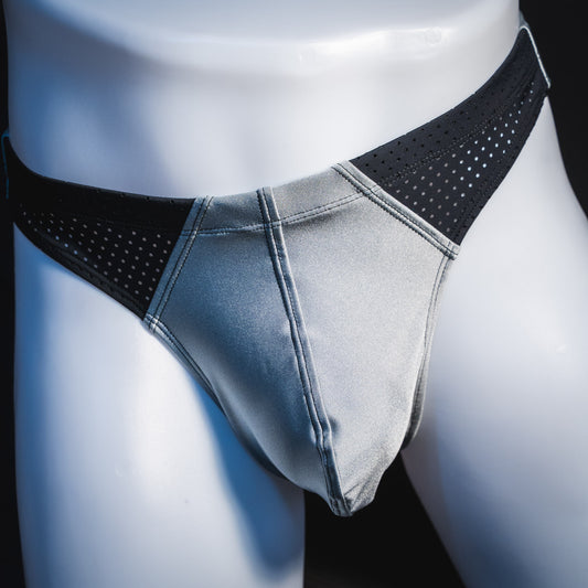 Men's silver with black mesh panels thong underwear, contour cut, front view.