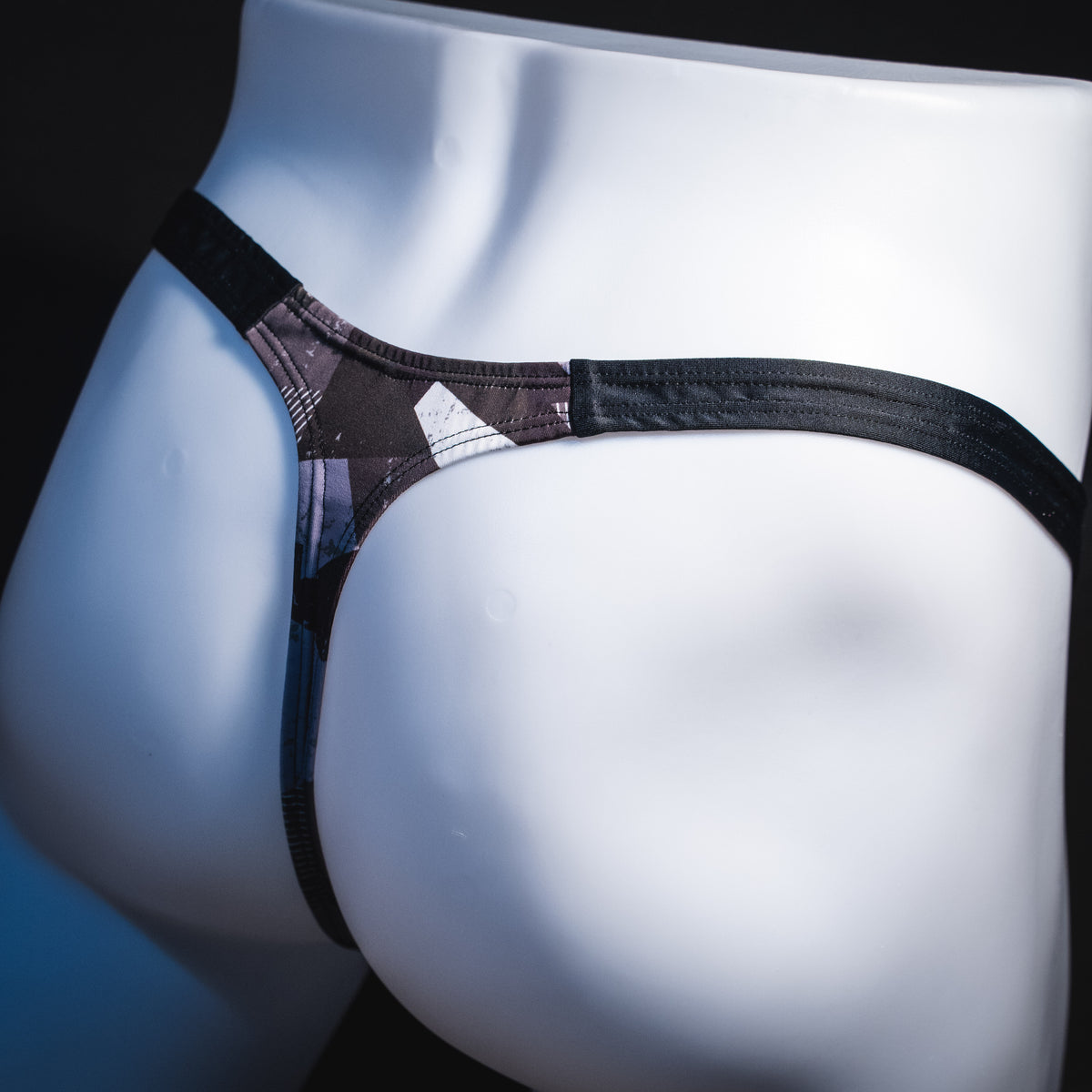 Men's black white and Gray geometric thong underwear, classic cut, Rear angled view