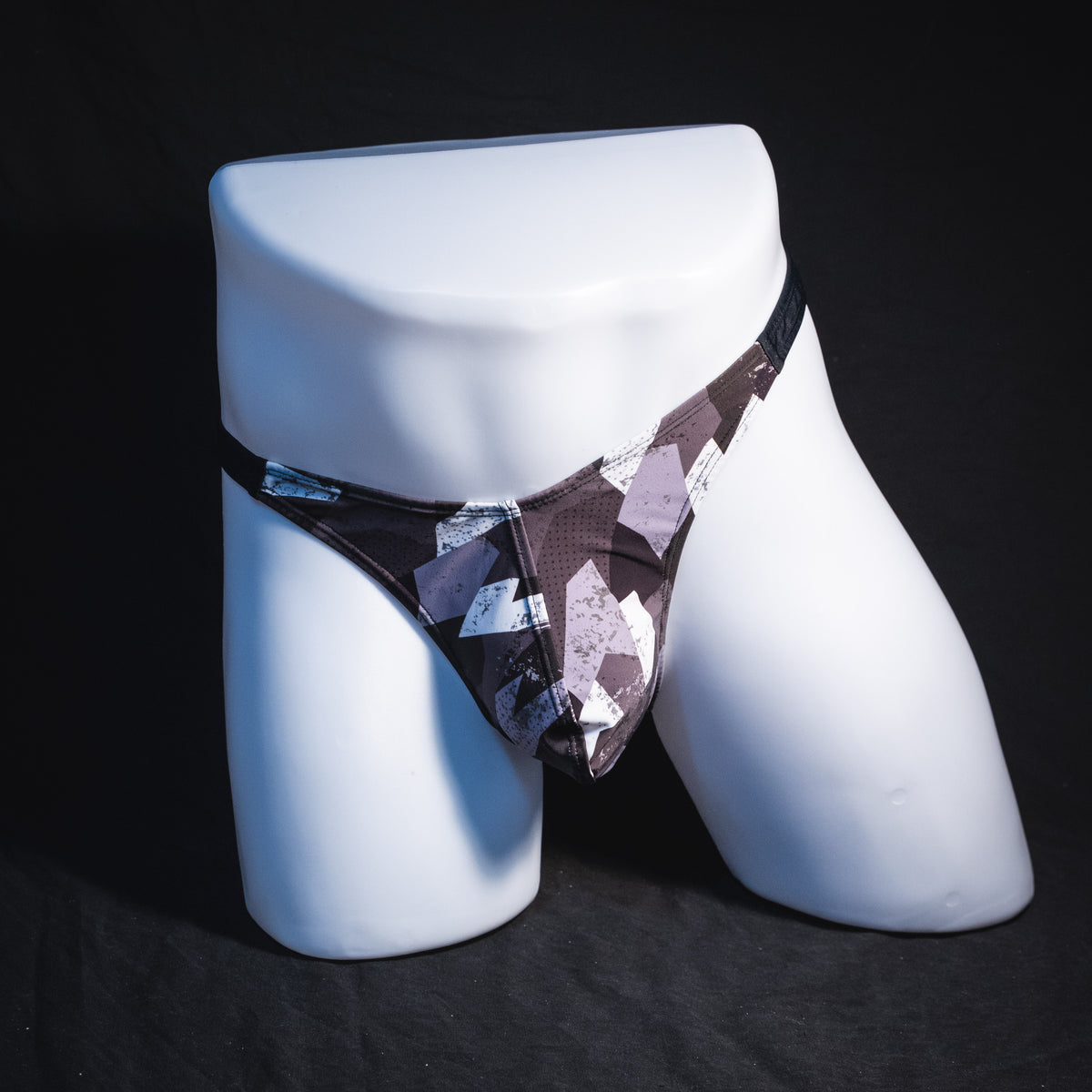 Men's black white and Gray geometric thong underwear, classic cut, Full front view