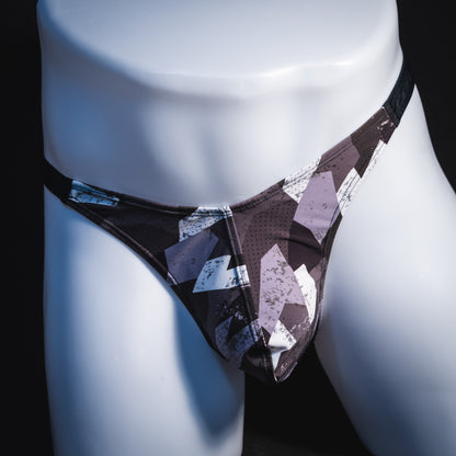 Men's black white and Gray geometric thong underwear, classic cut, Front view