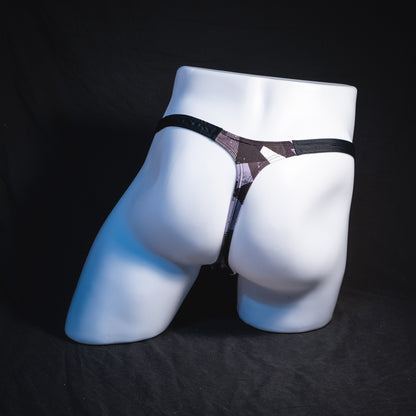 Men's black white and Gray geometric thong underwear, classic cut, Full rear view