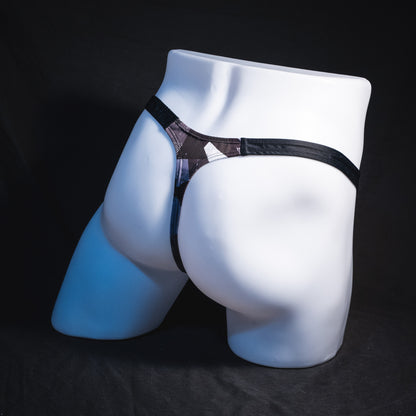 Men's black white and Gray geometric thong underwear, classic cut, Full rear angled view