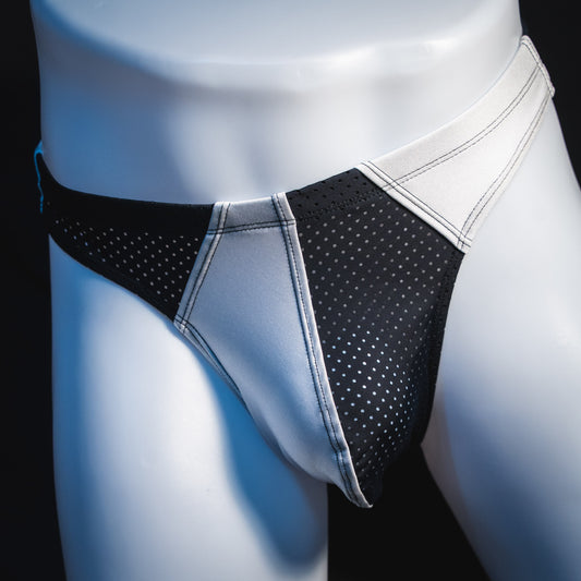 Men's black and white mesh thong underwear, contour cut, front view