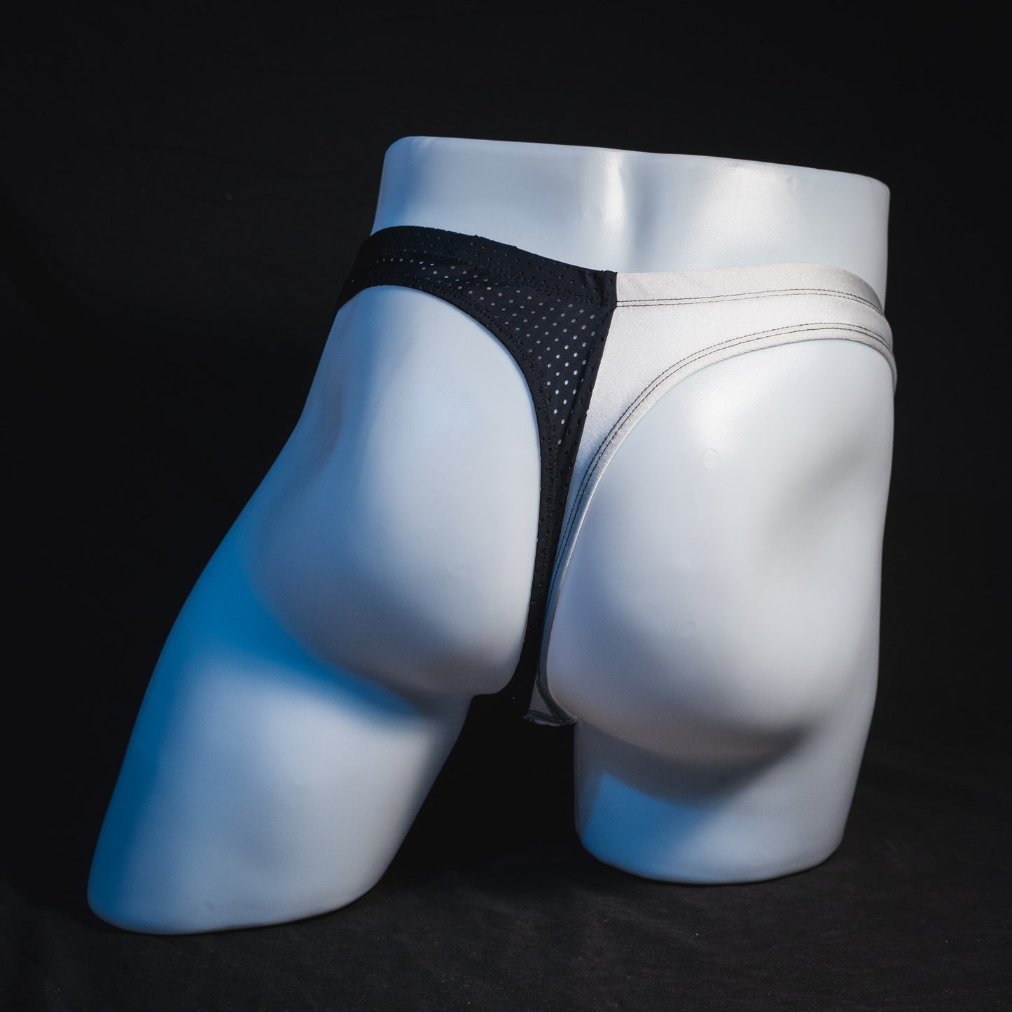 Men's black and white mesh thong underwear, contour cut, Full rear view
