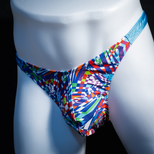 Men's colorful geometric thong underwear, classic cut, Angled front view