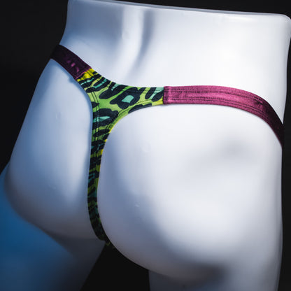 Men's green leopard with purple straps thong underwear, classic cut, Rear angled view