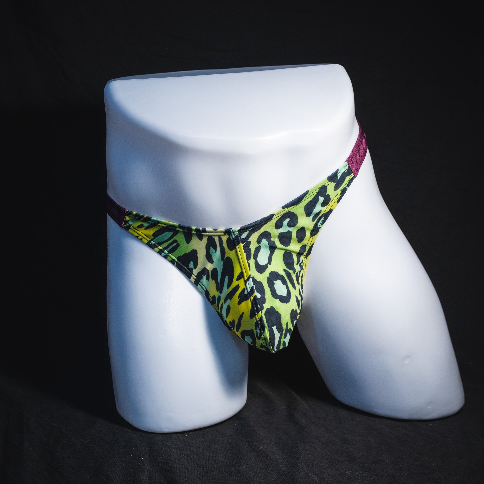 Men's green leopard with purple straps thong underwear, classic cut, Full front view