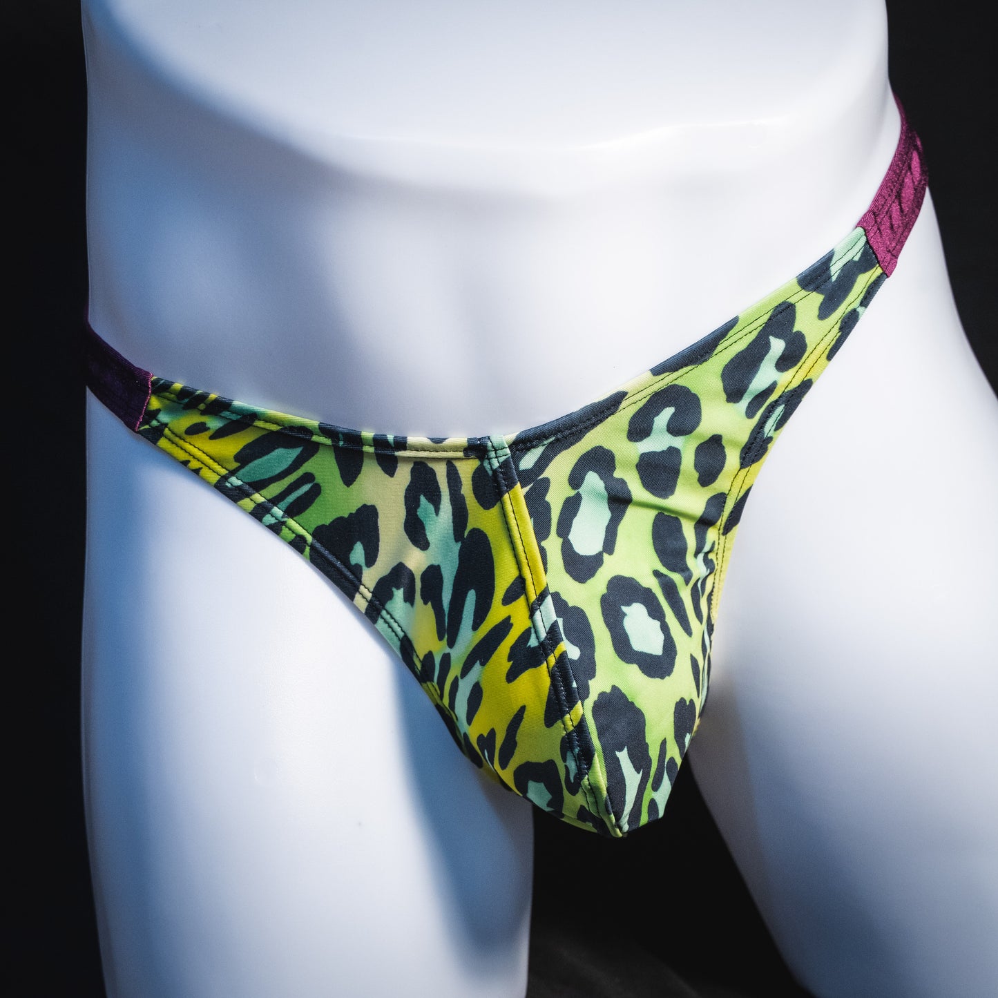 Men's green leopard with purple straps thong underwear, classic cut, Front view