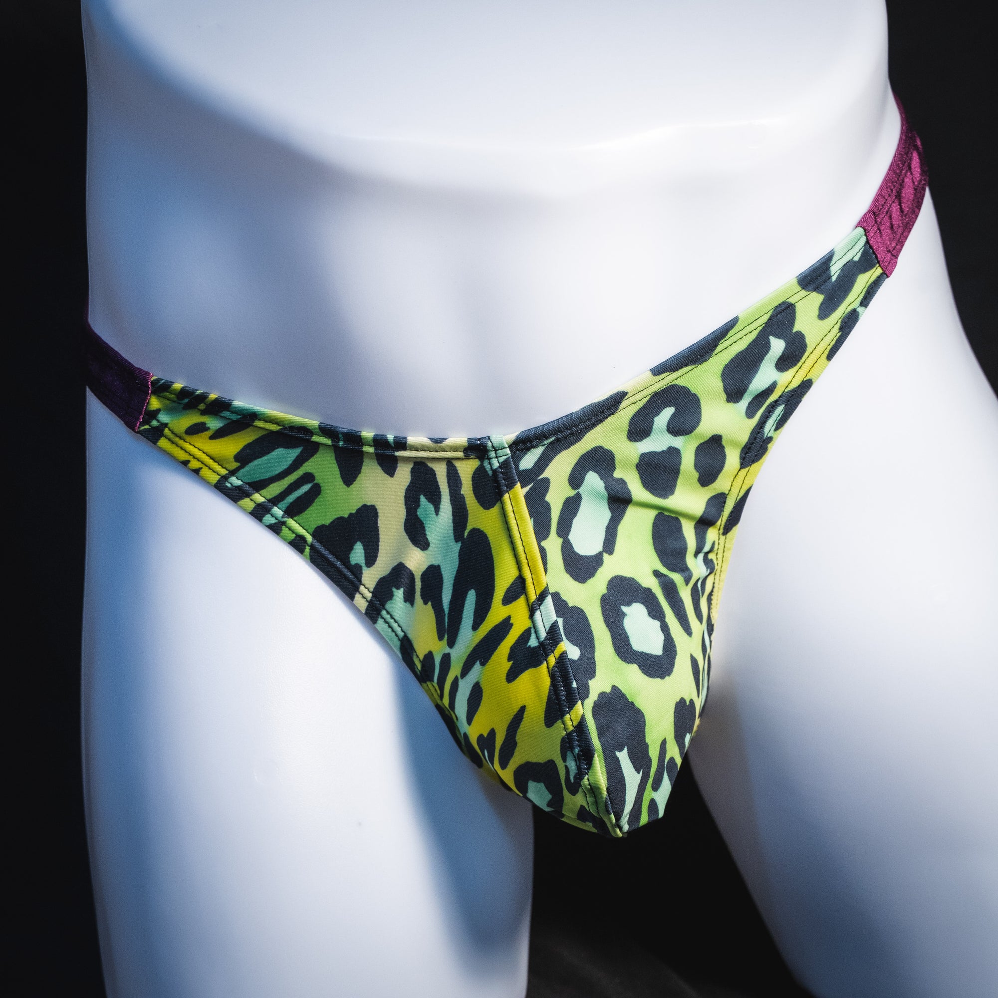 Men's green leopard with purple straps thong underwear, classic cut, Front view