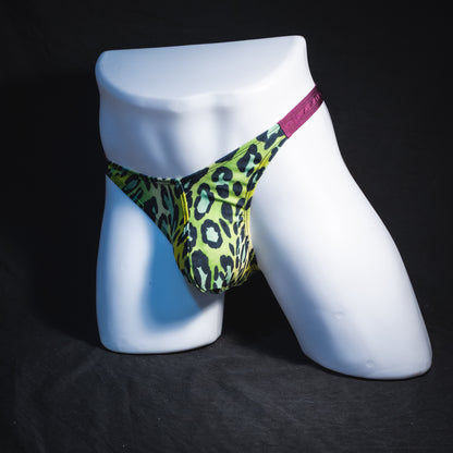 Men's green leopard with purple straps thong underwear, classic cut, Full front angled view