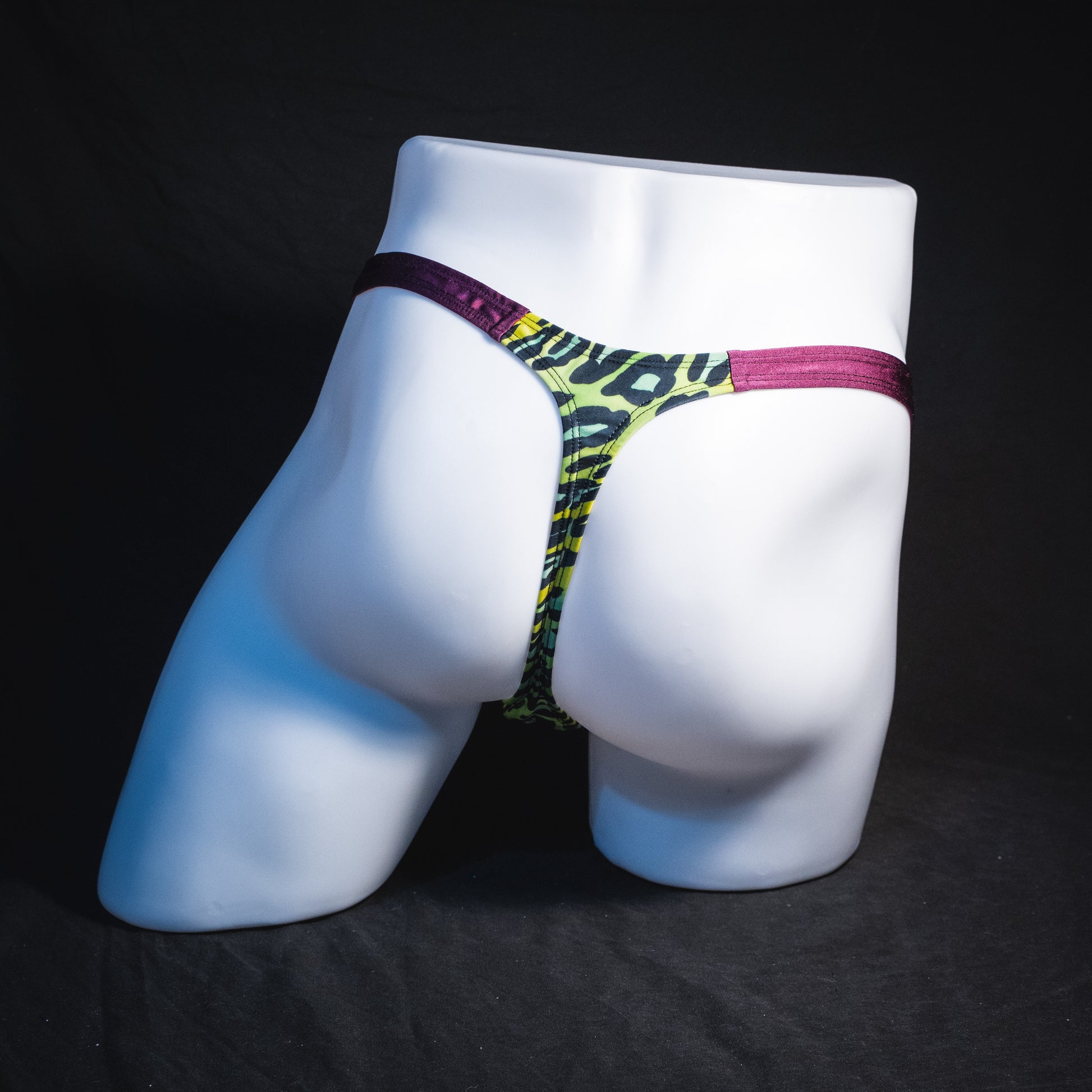 Men's green leopard with purple straps thong underwear, classic cut, Full rear view